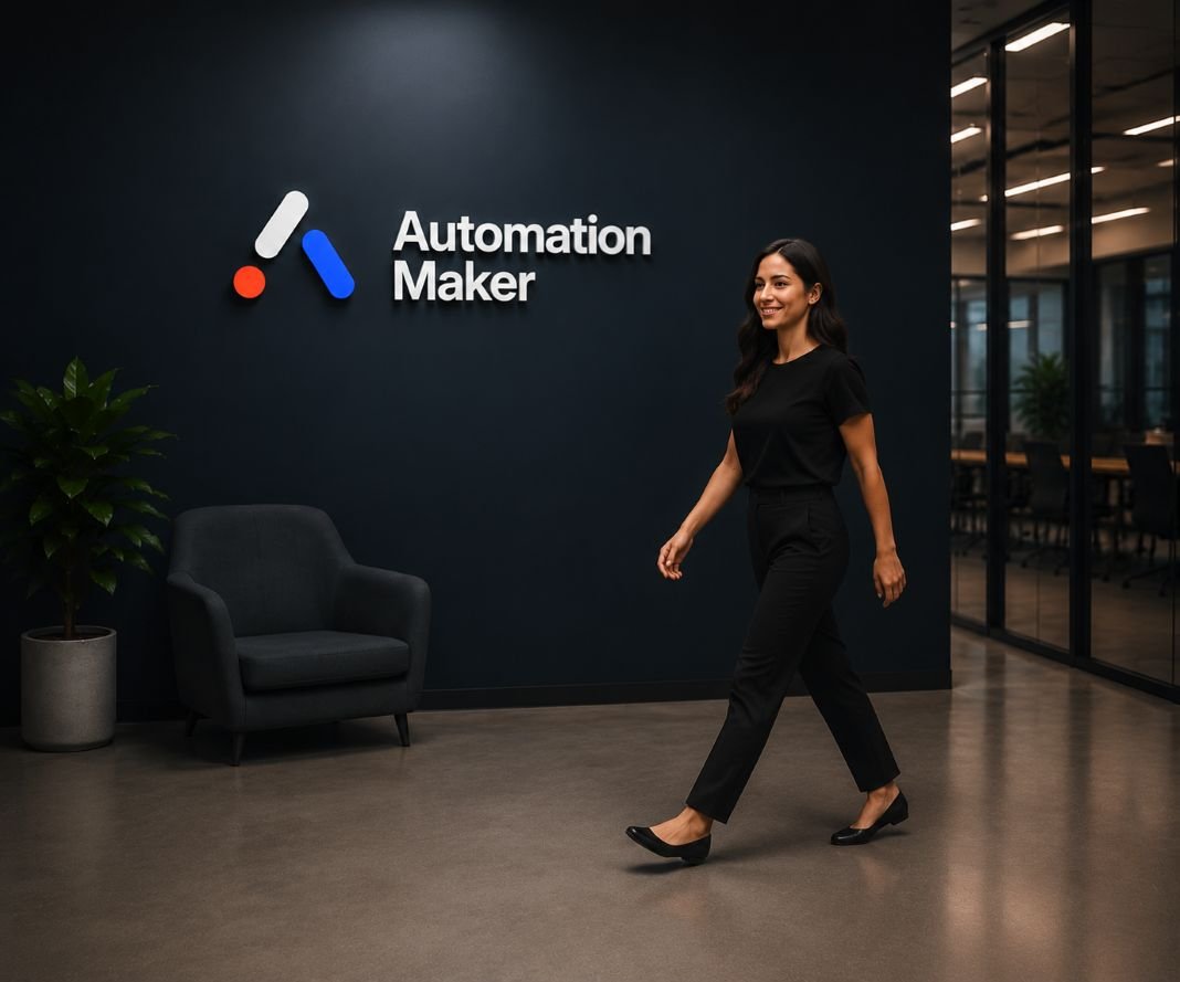 Professional woman walking through a modern office lobby
